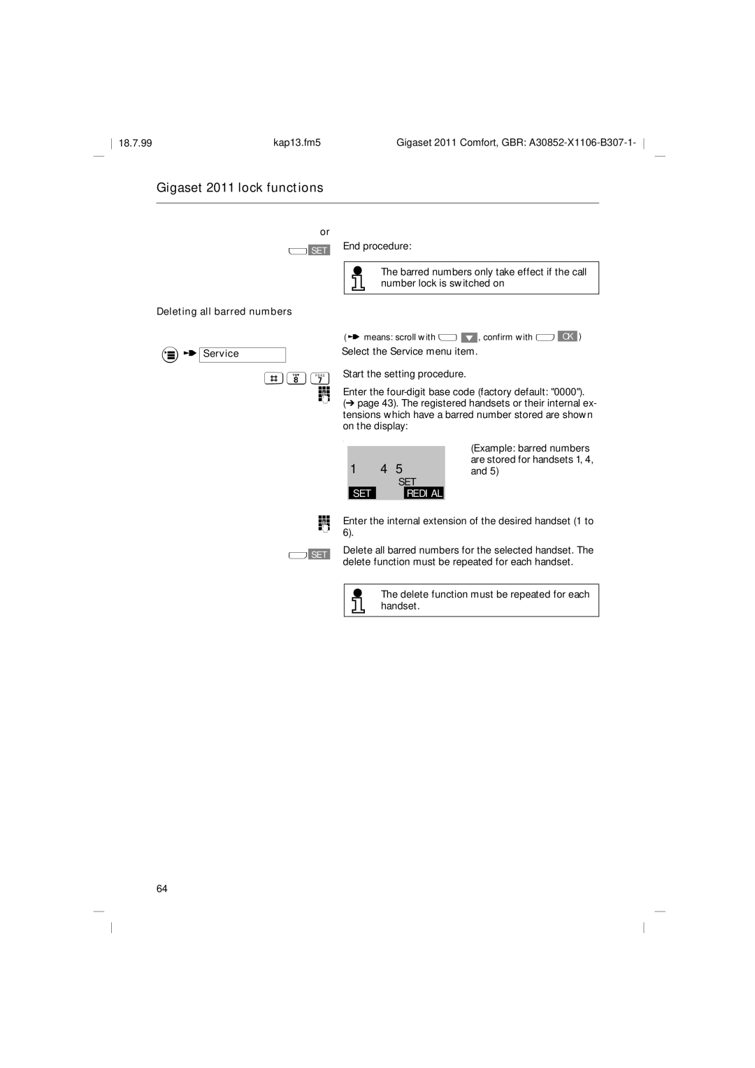 Siemens 2011 operating instructions Deleting all barred numbers Service 