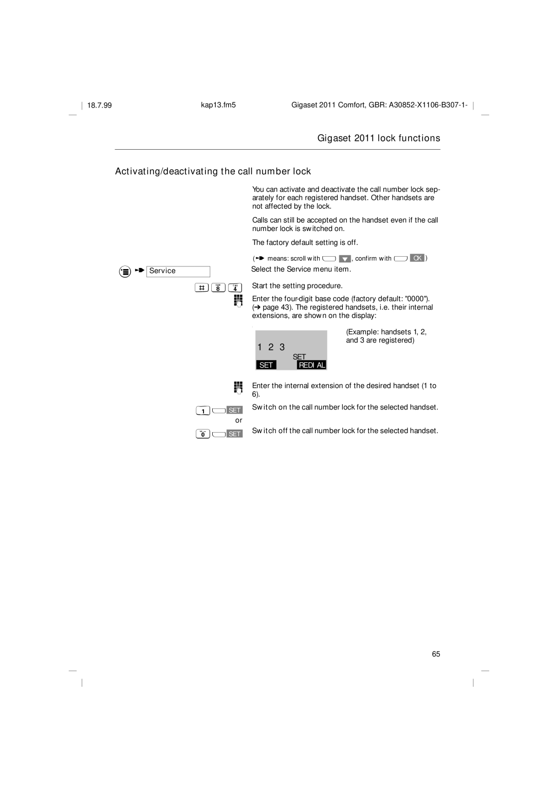 Siemens 2011 Extensions, are shown on the display, Example handsets 1, 2, and 3 are registered, 1u SET @u SET 