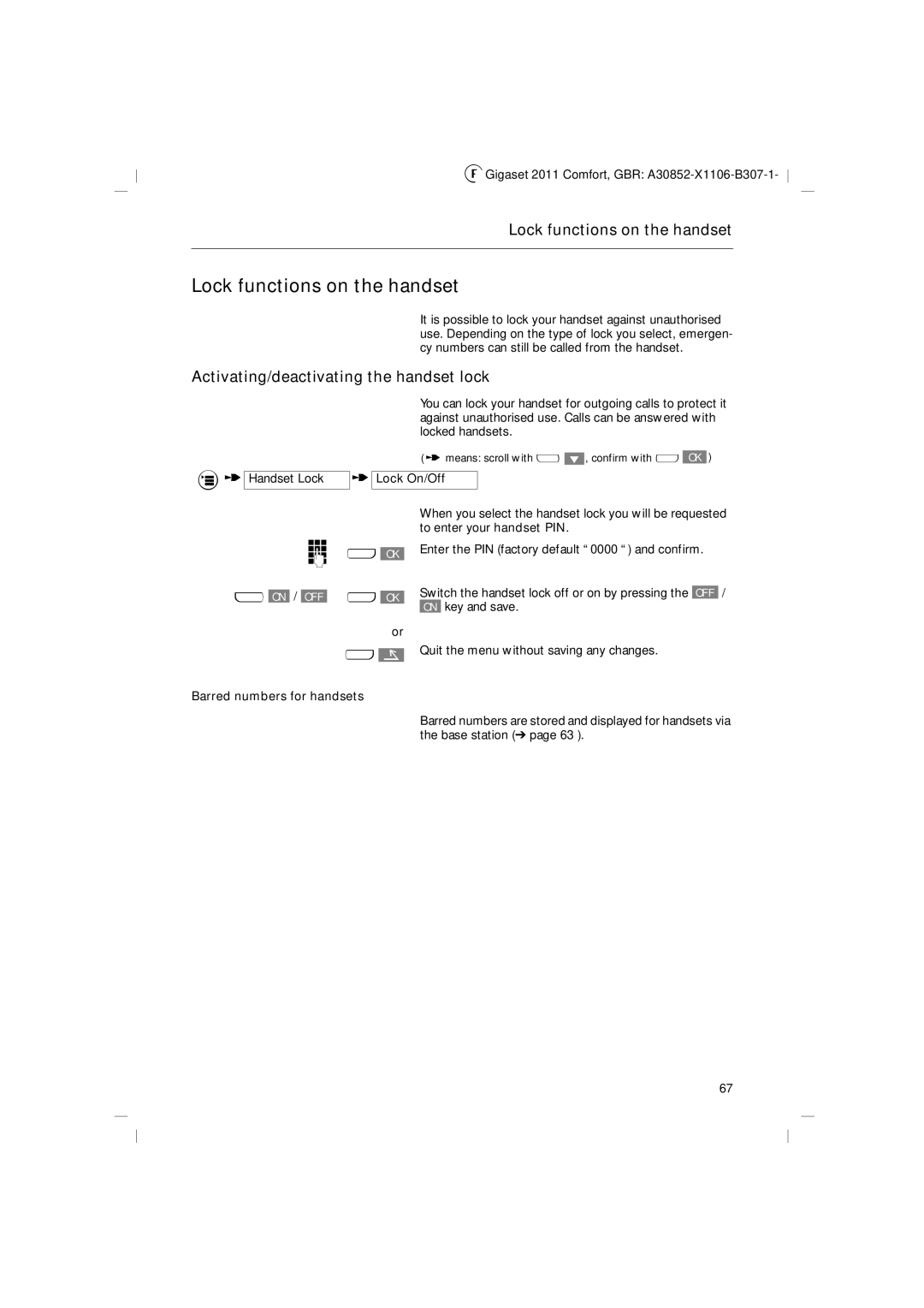 Siemens 2011 Lock functions on the handset, Activating/deactivating the handset lock, Barred numbers for handsets 