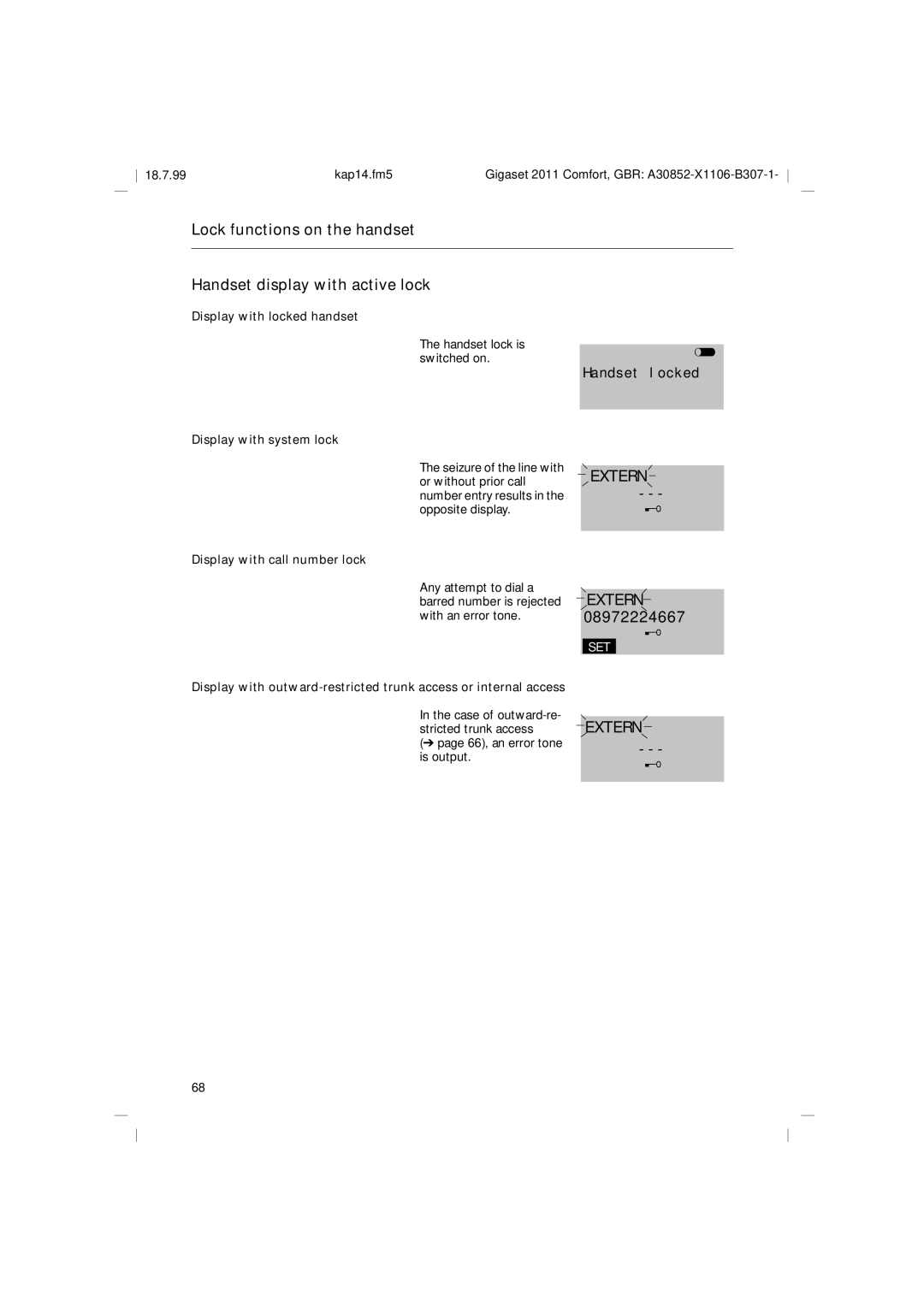 Siemens 2011 operating instructions Display with locked handset, Handset lock is switched on, Display with system lock 