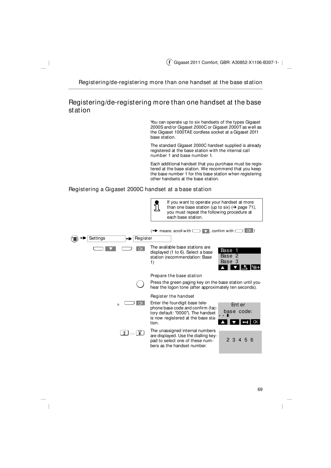 Siemens 2011 Registering a Gigaset 2000C handset at a base station, X Ok, Settings t Register, Prepare the base station 