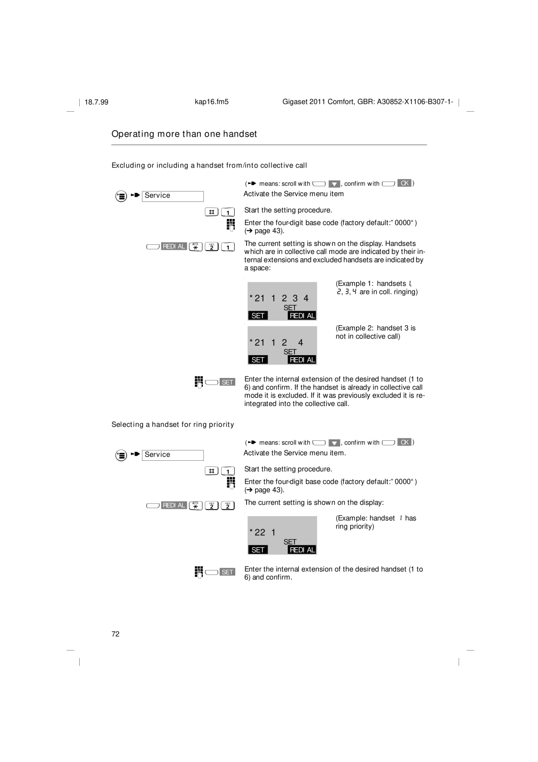 Siemens 2011 Excluding or including a handset from/into collective call, Selecting a handset for ring priority, Confirm 