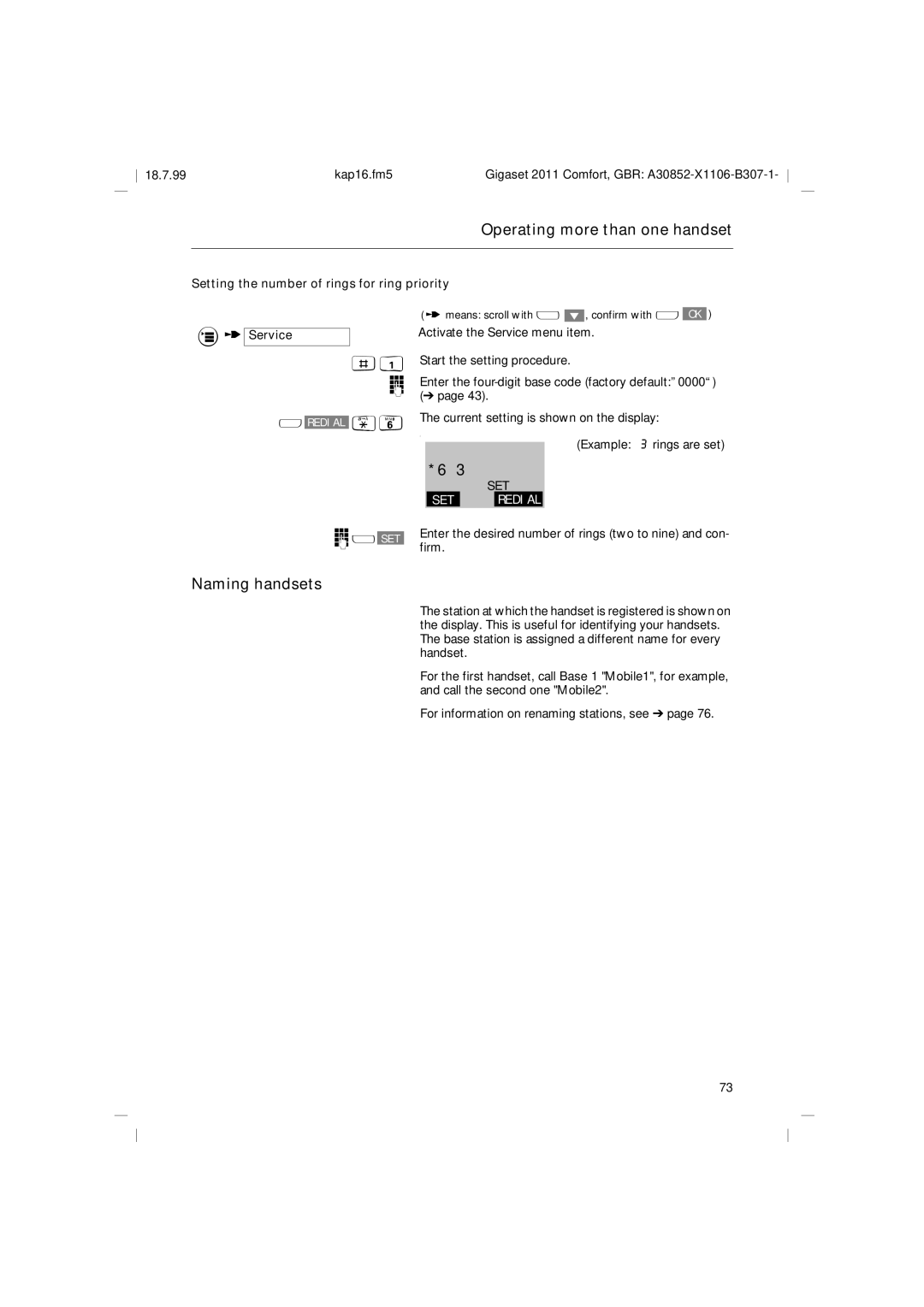 Siemens 2011 Naming handsets, Setting the number of rings for ring priority Service, Example 3 rings are set, Firm 