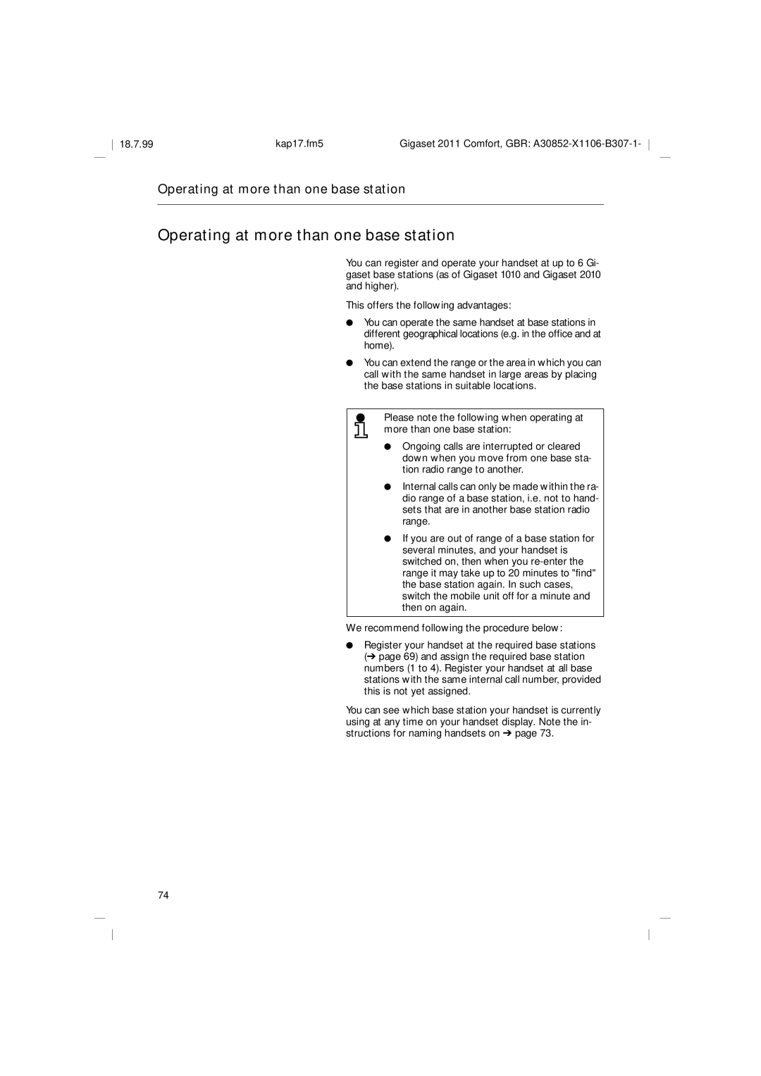 Siemens 2011 operating instructions Operating at more than one base station 