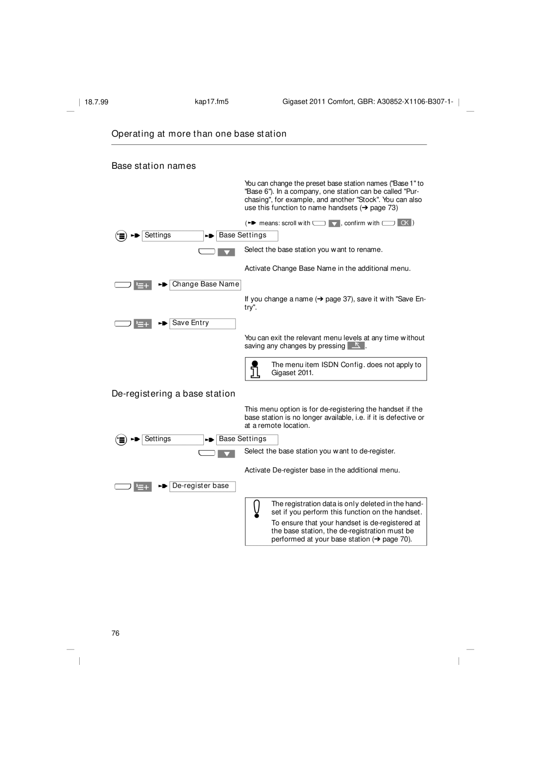 Siemens 2011 Operating at more than one base station Base station names, De-registering a base station 