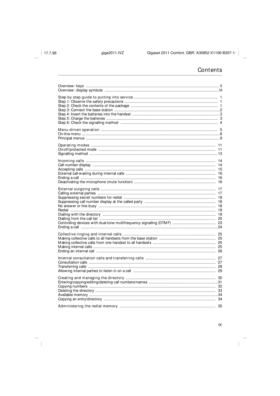 Siemens 2011 operating instructions Contents 