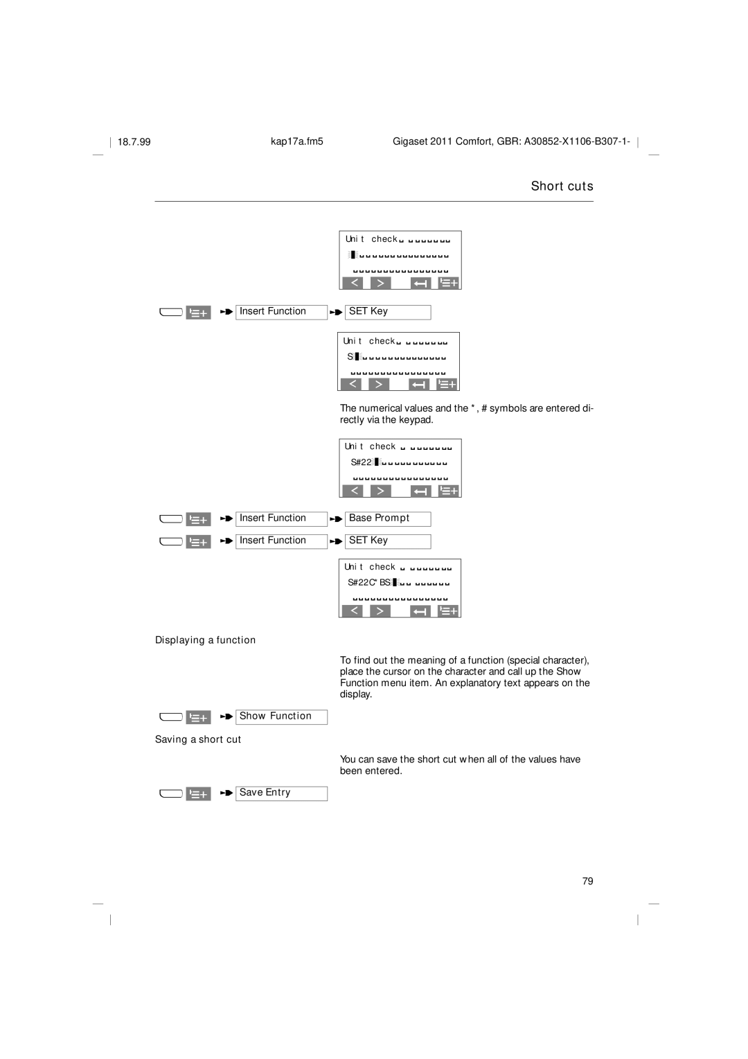 Siemens 2011 Insert Function SET Key, Insert Function Base Prompt SET Key, Displaying a function, Save Entry 