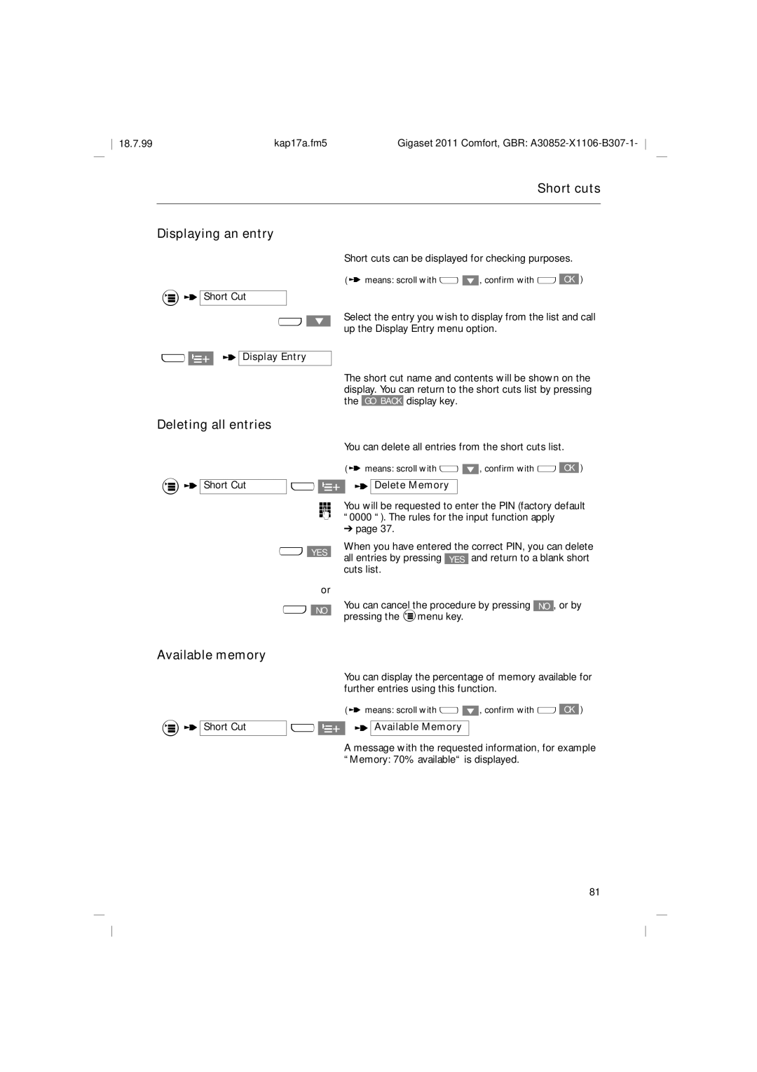 Siemens 2011 Short cuts Displaying an entry, Deleting all entries, T Display Entry, Short Cut u W t Delete Memory 