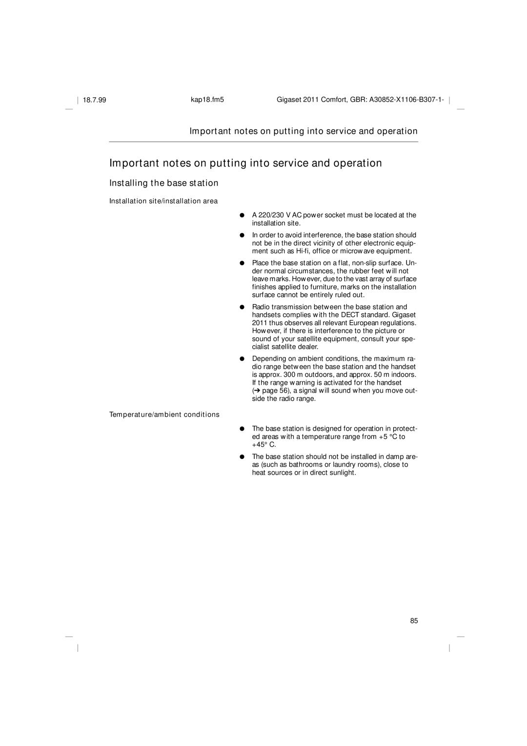 Siemens 2011 operating instructions Important notes on putting into service and operation, Installing the base station 