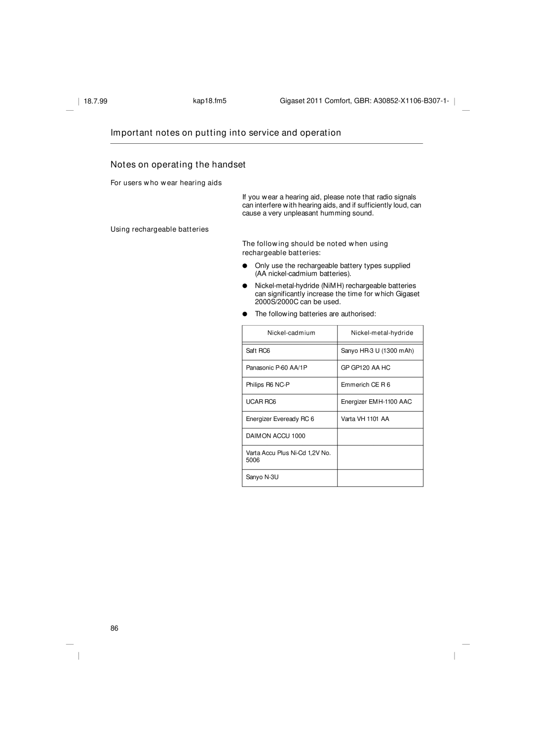 Siemens 2011 operating instructions For users who wear hearing aids, Nickel-cadmium Nickel-metal-hydride 