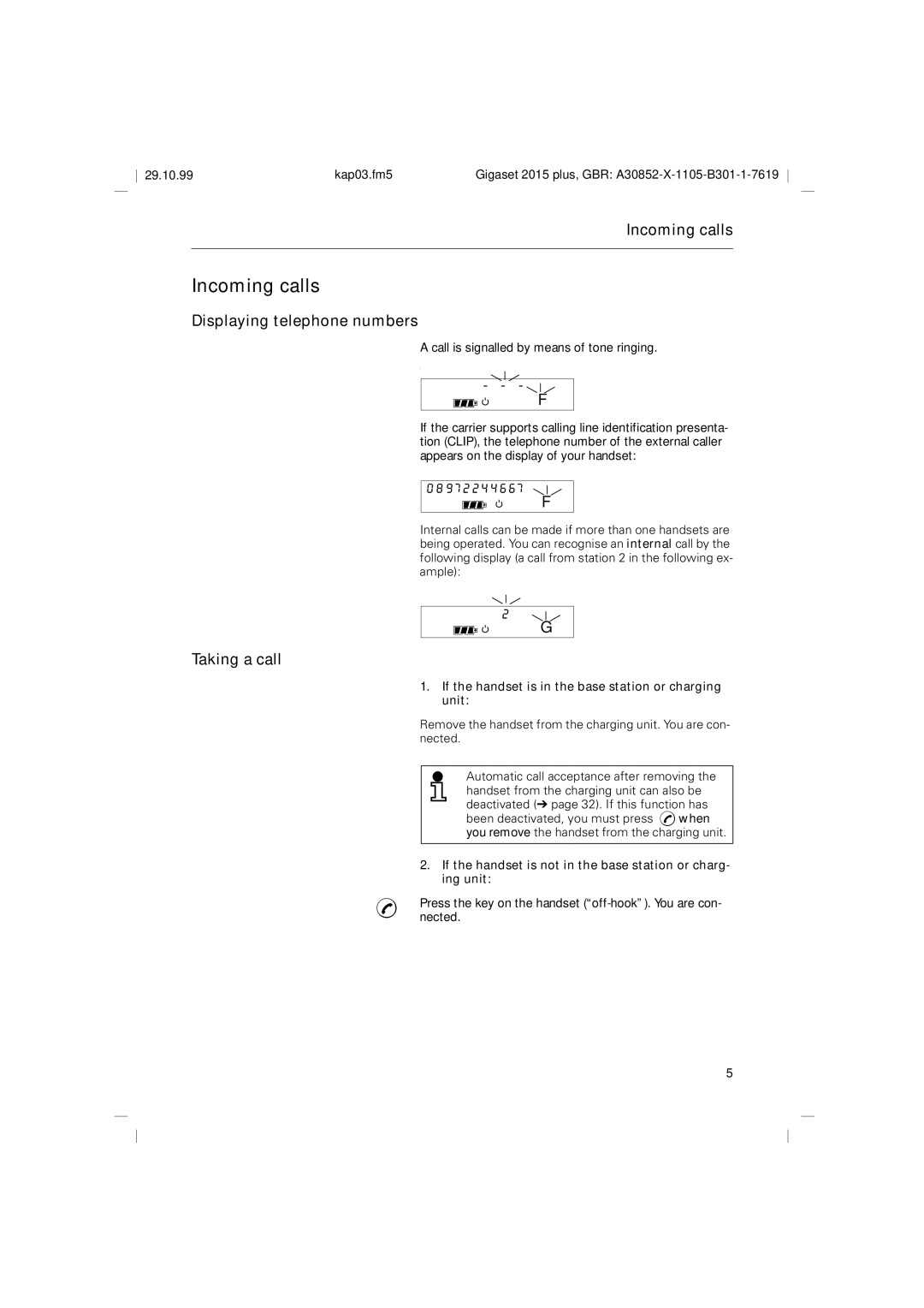 Siemens 2015 operating instructions Incoming calls, Displaying telephone numbers, Taking a call 