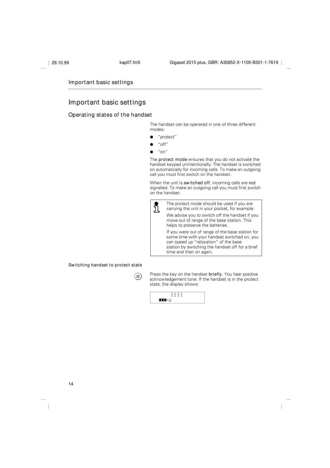 Siemens 2015 Important basic settings, Operating states of the handset, Switching handset to protect state 