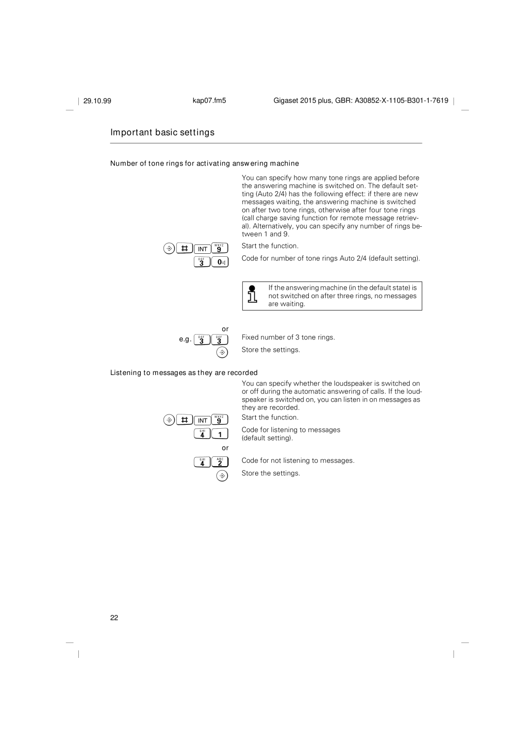 Siemens 2015 Number of tone rings for activating answering machine, Listening to messages as they are recorded 