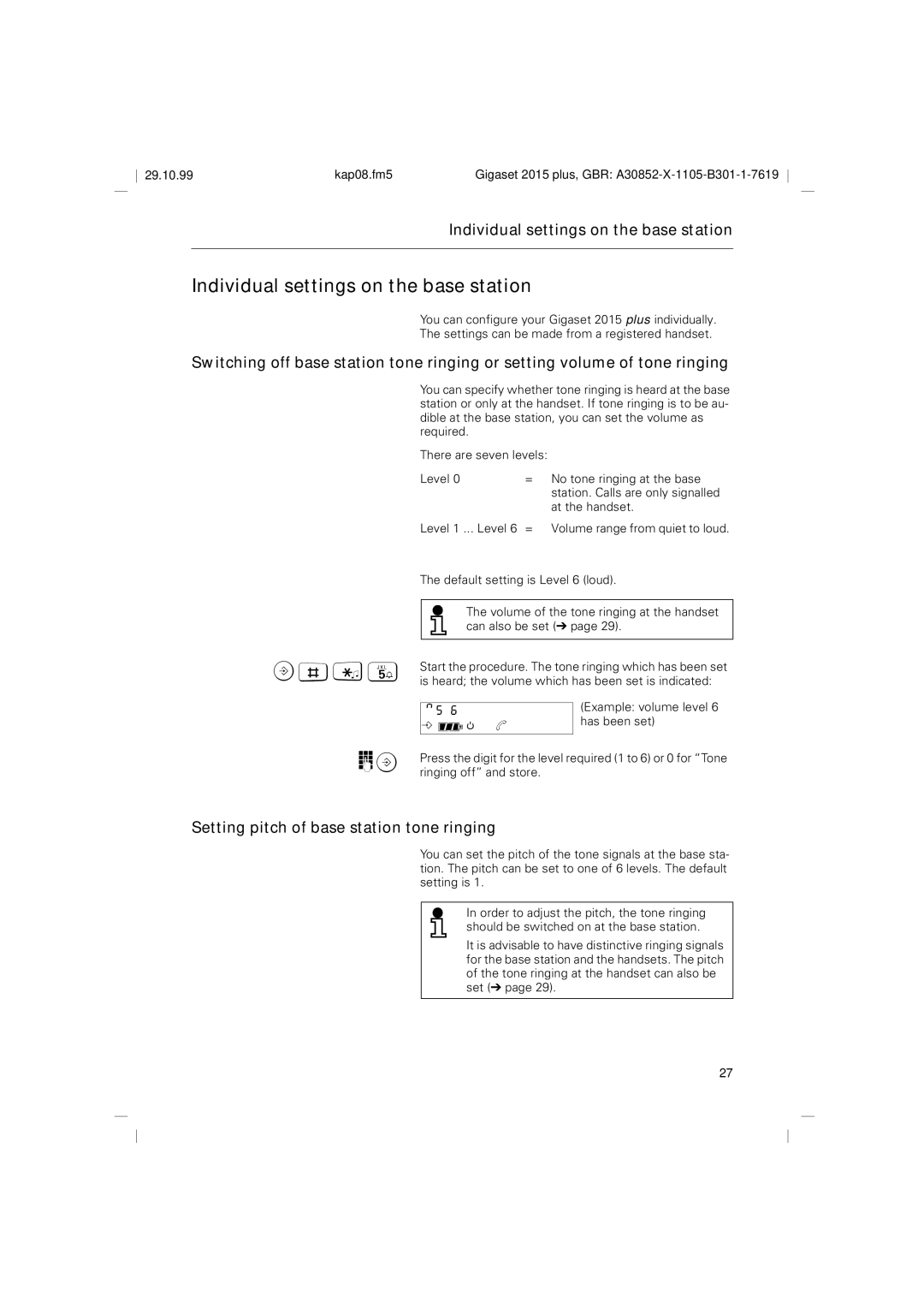 Siemens 2015 Individual settings on the base station, Setting pitch of base station tone ringing, N b 