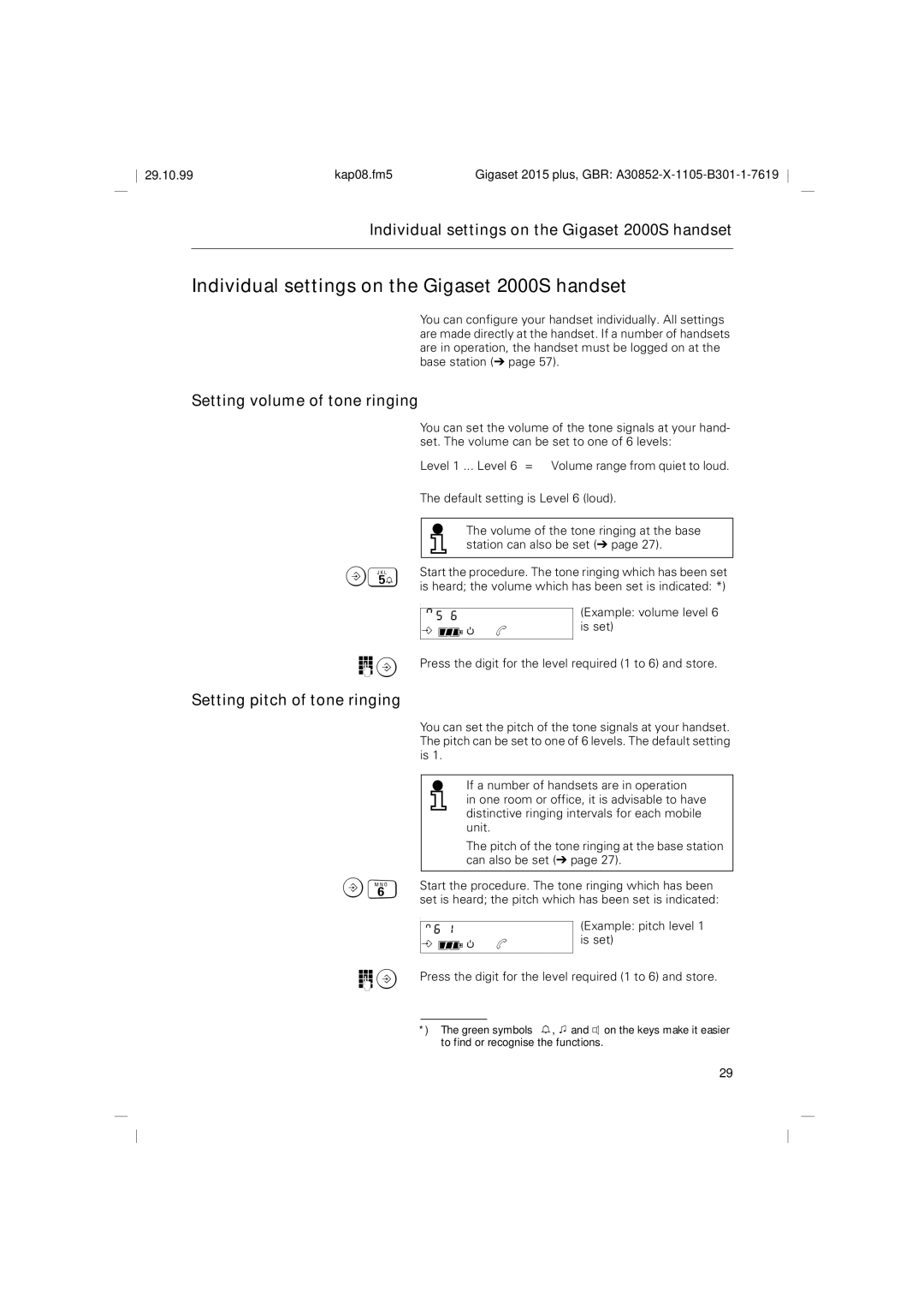 Siemens 2015 operating instructions Individual settings on the Gigaset 2000S handset, Setting volume of tone ringing 