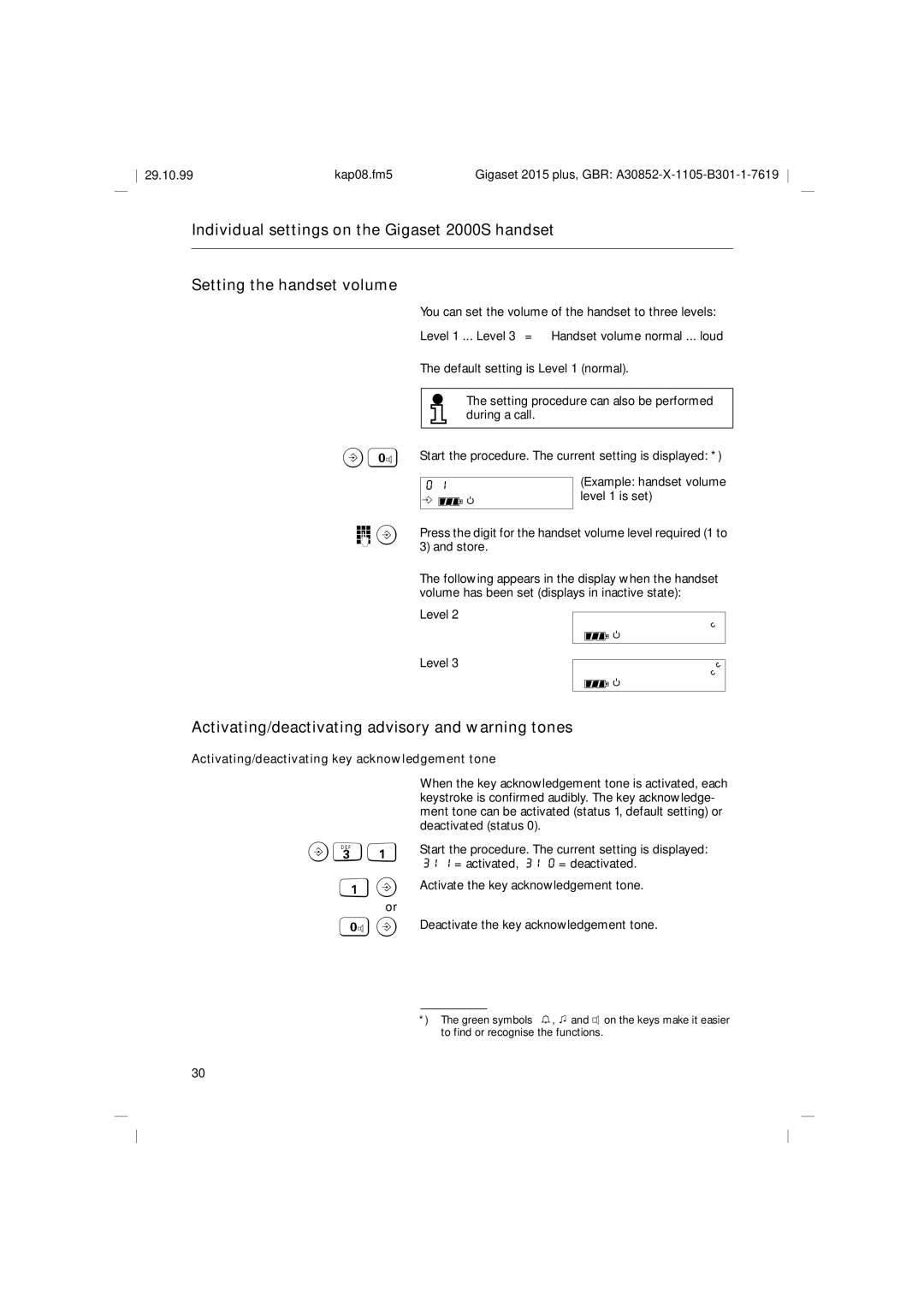 Siemens 2015 Activating/deactivating advisory and warning tones, B31, Activating/deactivating key acknowledgement tone 