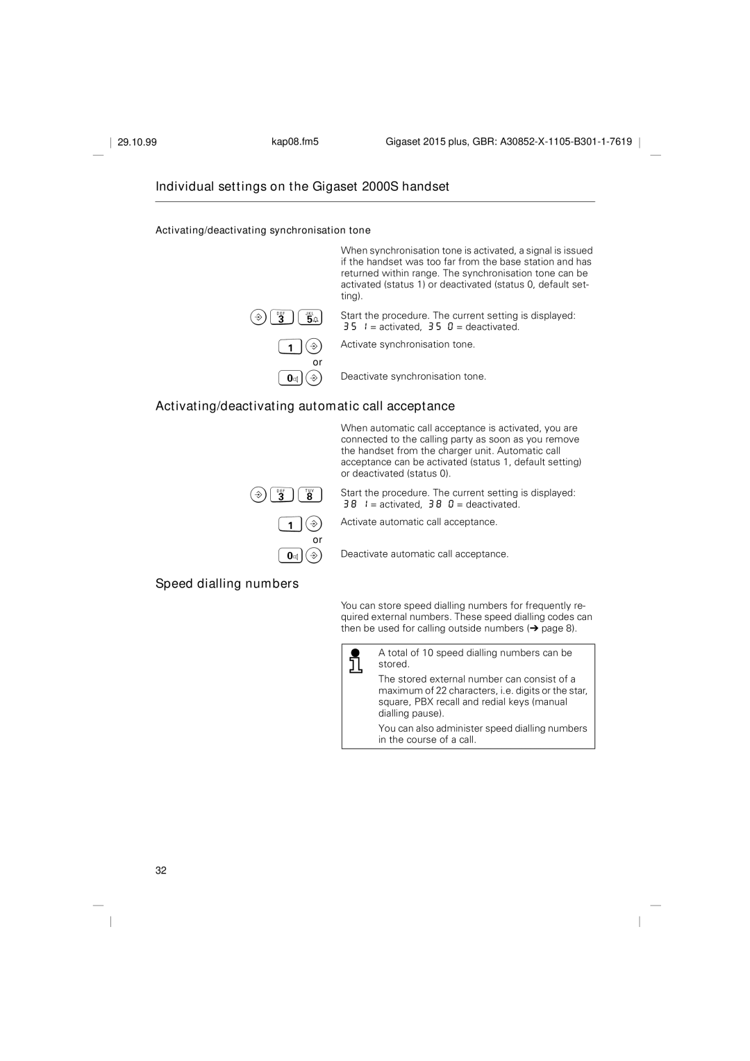 Siemens 2015 operating instructions B35, Activating/deactivating synchronisation tone 