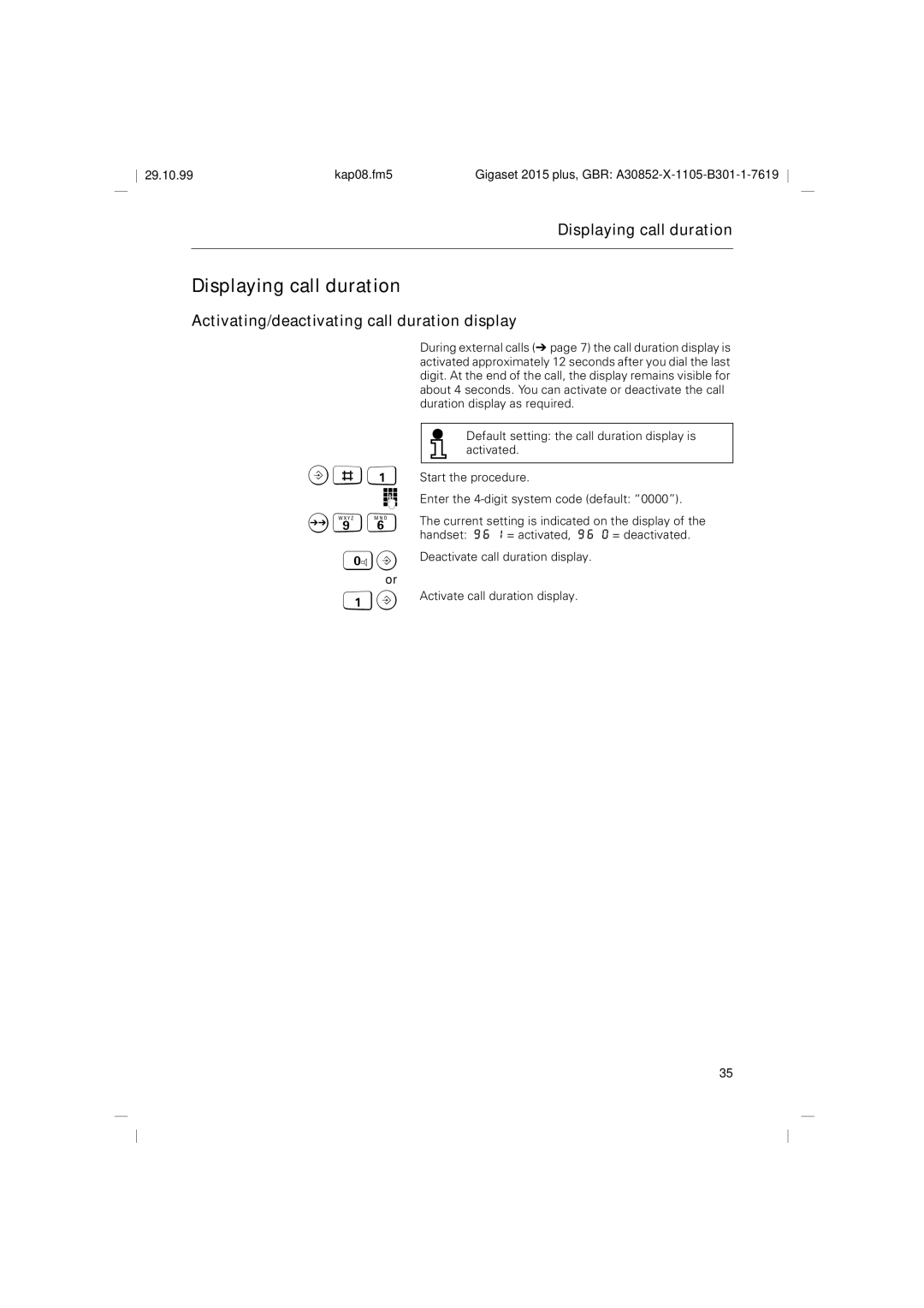 Siemens 2015 operating instructions Displaying call duration, Activating/deactivating call duration display, O96 