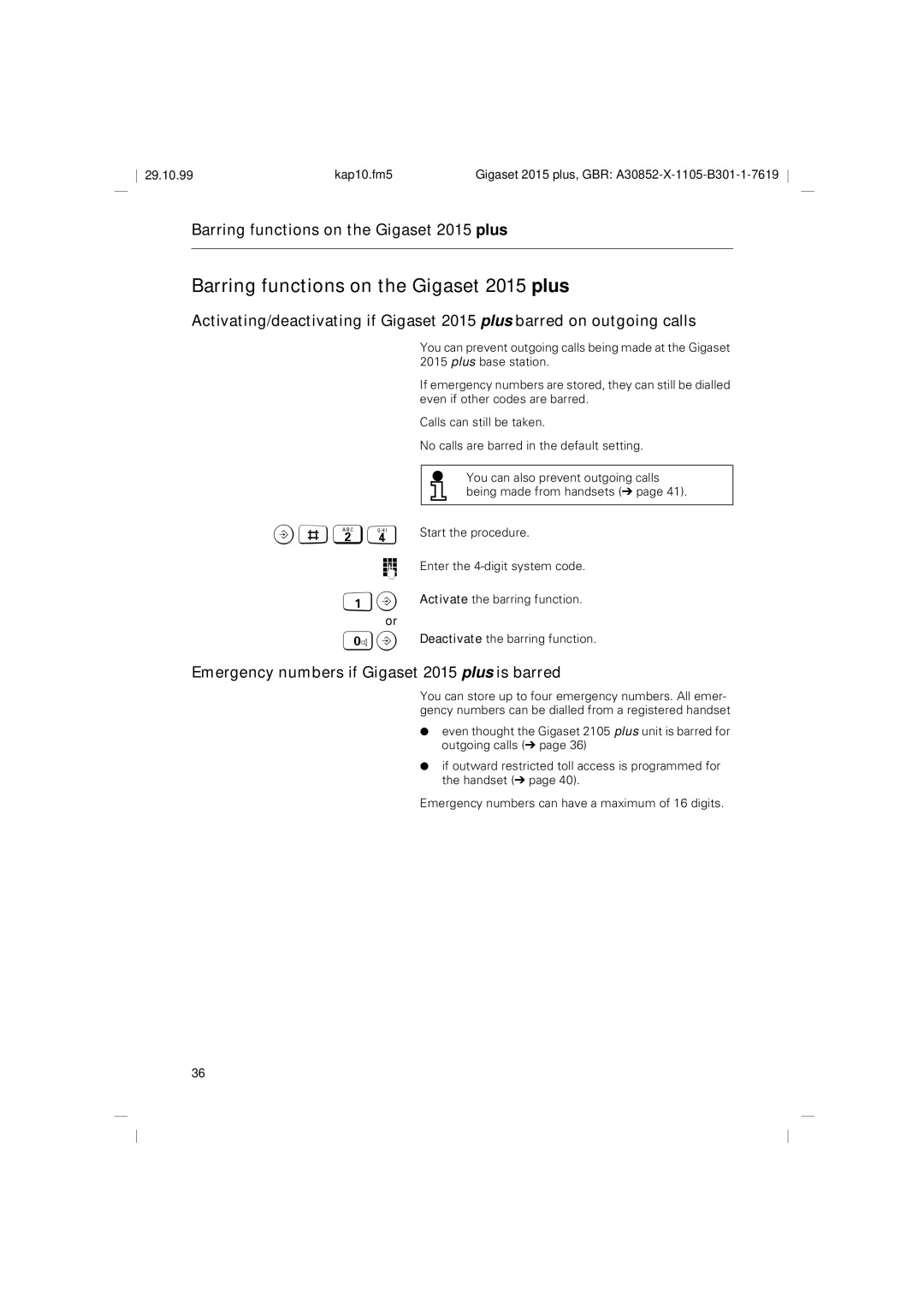 Siemens Barring functions on the Gigaset 2015 plus, Emergency numbers if Gigaset 2015 plus is barred 