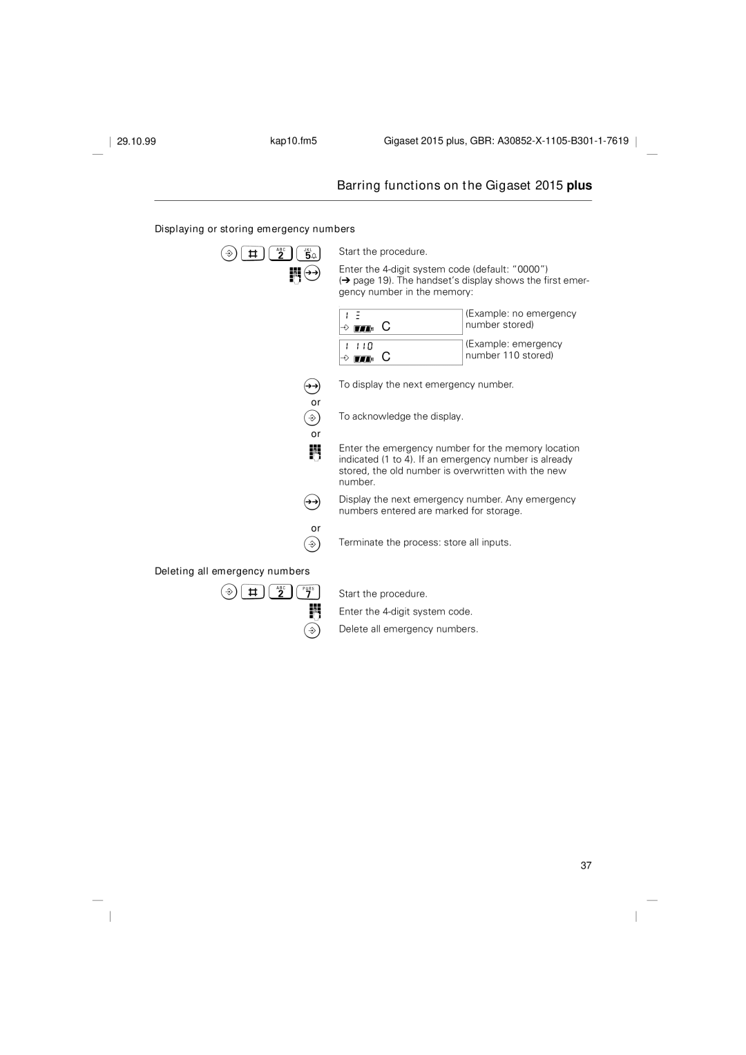 Siemens 2015 operating instructions #25, Displaying or storing emergency numbers, Deleting all emergency numbers 