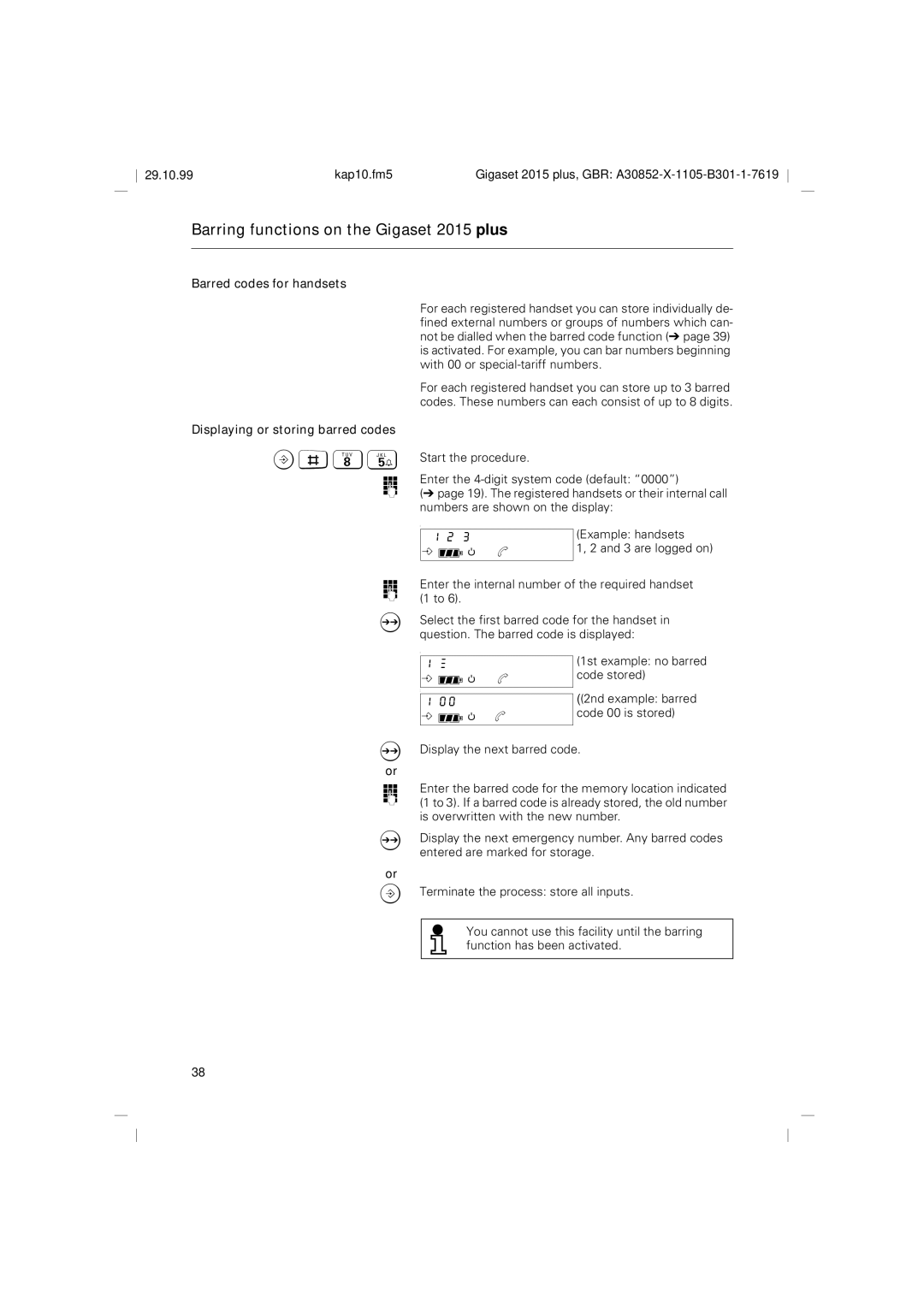 Siemens 2015 operating instructions Barred codes for handsets, Displaying or storing barred codes 