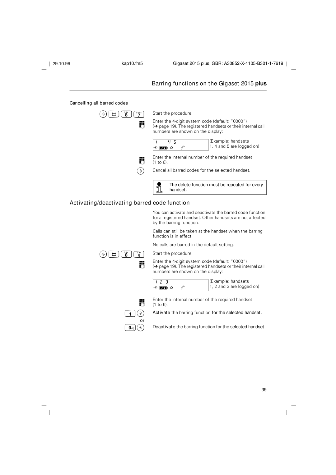 Siemens 2015 operating instructions Activating/deactivating barred code function, Cancelling all barred codes 