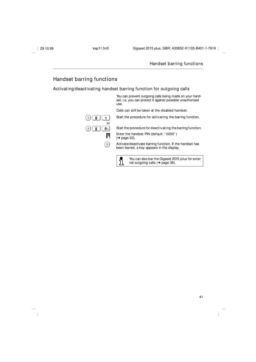 Siemens 2015 operating instructions Handset barring functions 