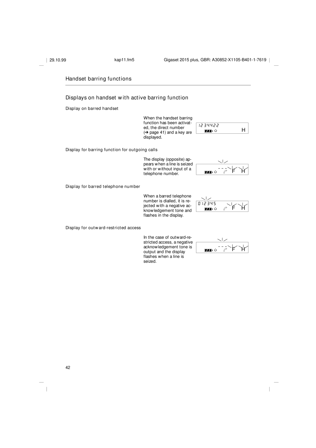 Siemens 2015 operating instructions B F H, Display on barred handset, Display for barring function for outgoing calls 