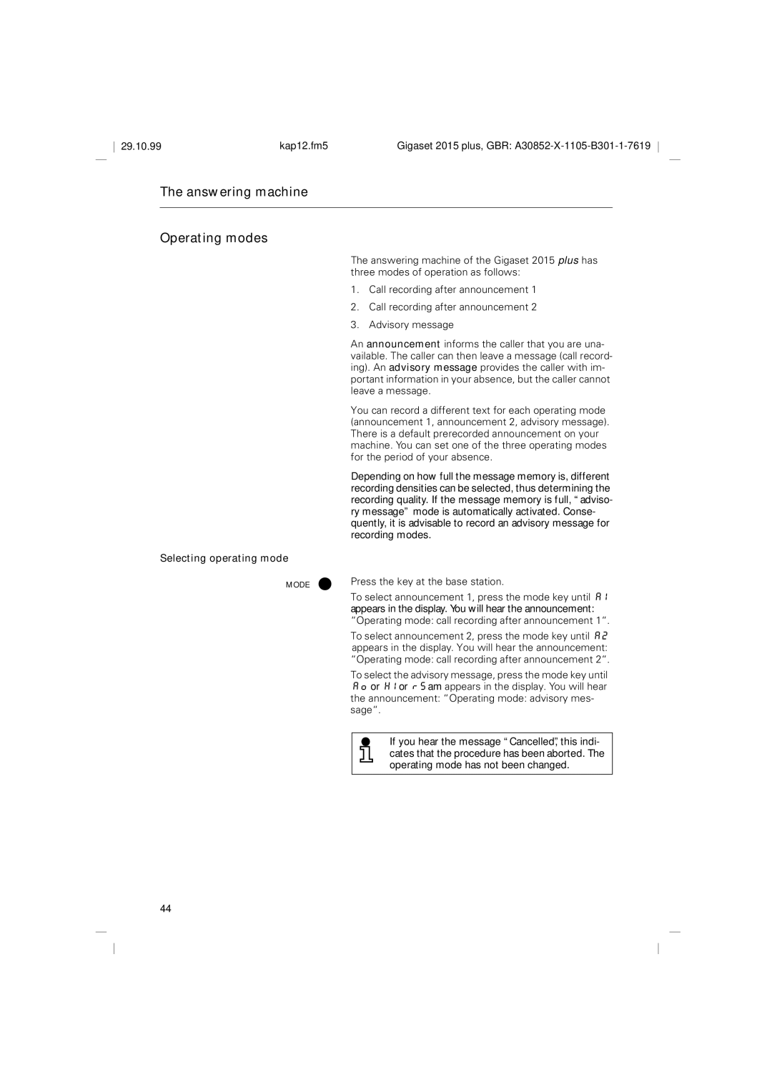 Siemens 2015 operating instructions Answering machine Operating modes, Selecting operating mode 