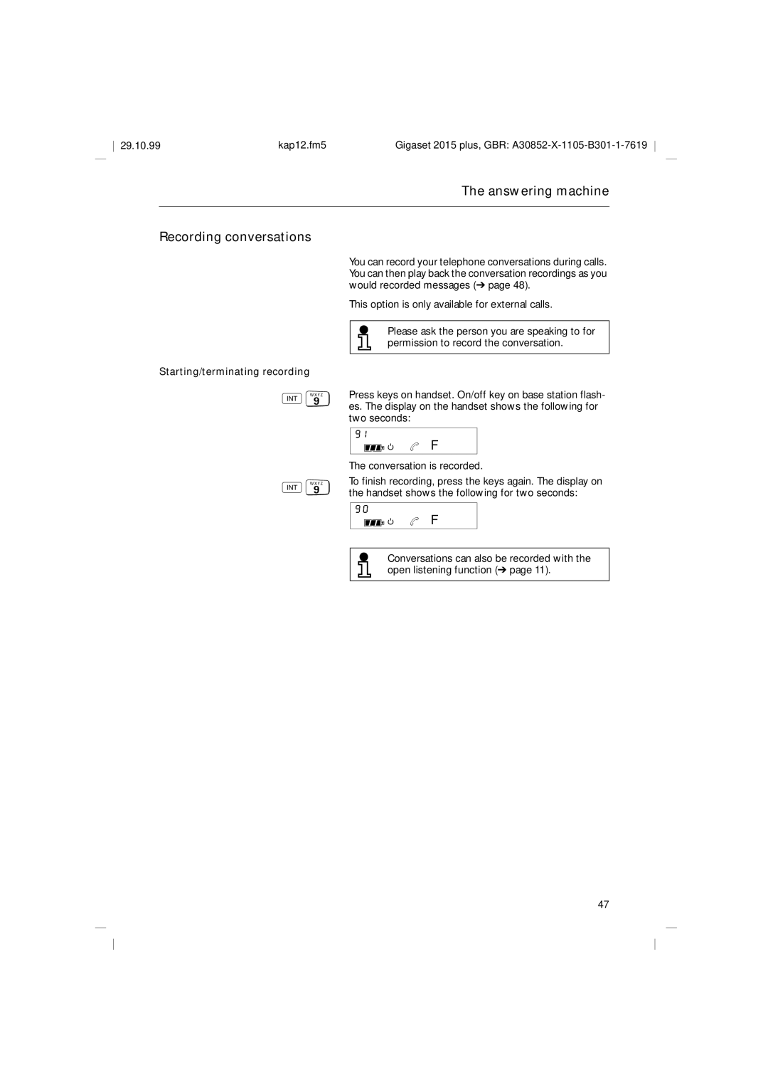 Siemens 2015 operating instructions Answering machine Recording conversations, Starting/terminating recording, B F 