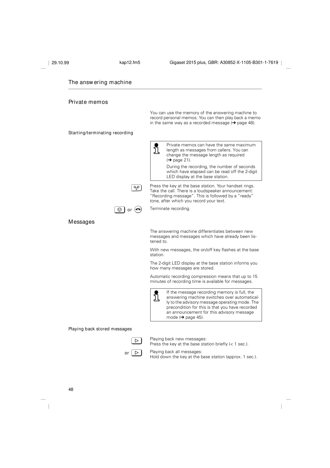 Siemens 2015 operating instructions Answering machine Private memos, Messages, Playing back stored messages 