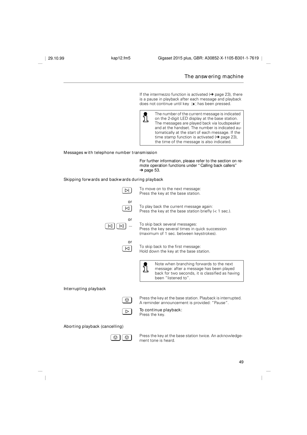 Siemens 2015 Messages with telephone number transmission, Skipping forwards and backwards during playback 