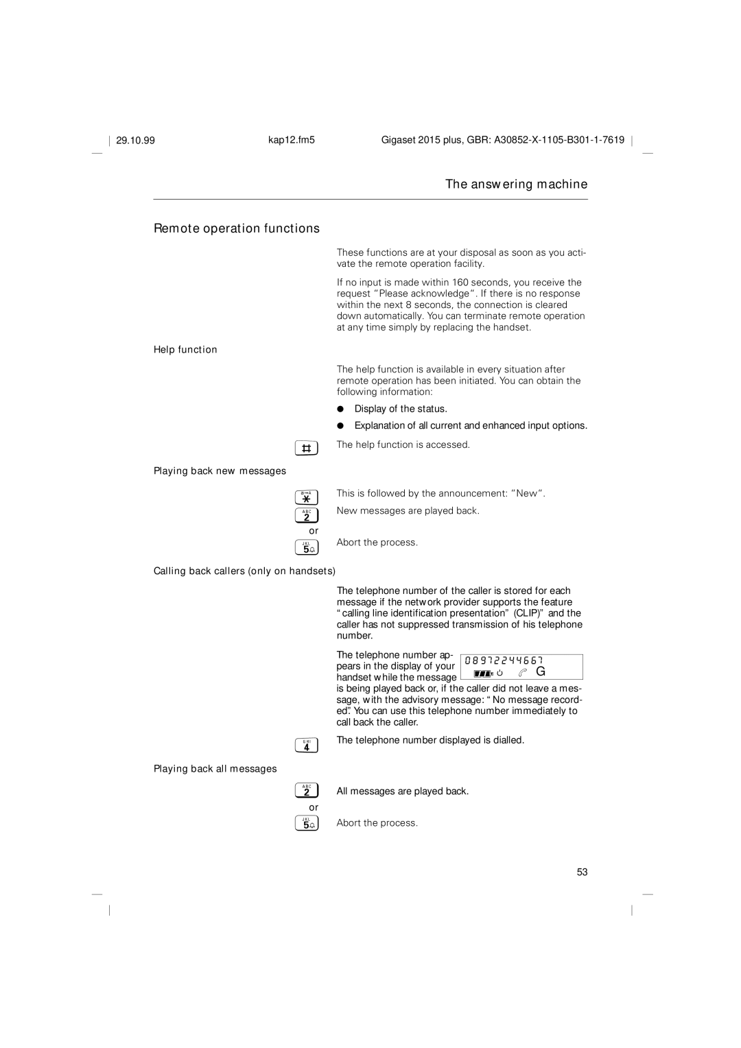 Siemens 2015 operating instructions Answering machine Remote operation functions, Help function, Playing back new messages 