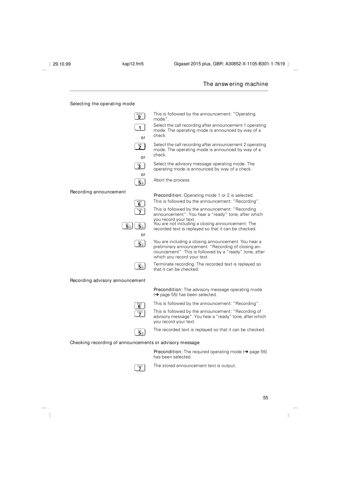 Siemens 2015 operating instructions Selecting the operating mode, Recording announcement, Recording advisory announcement 