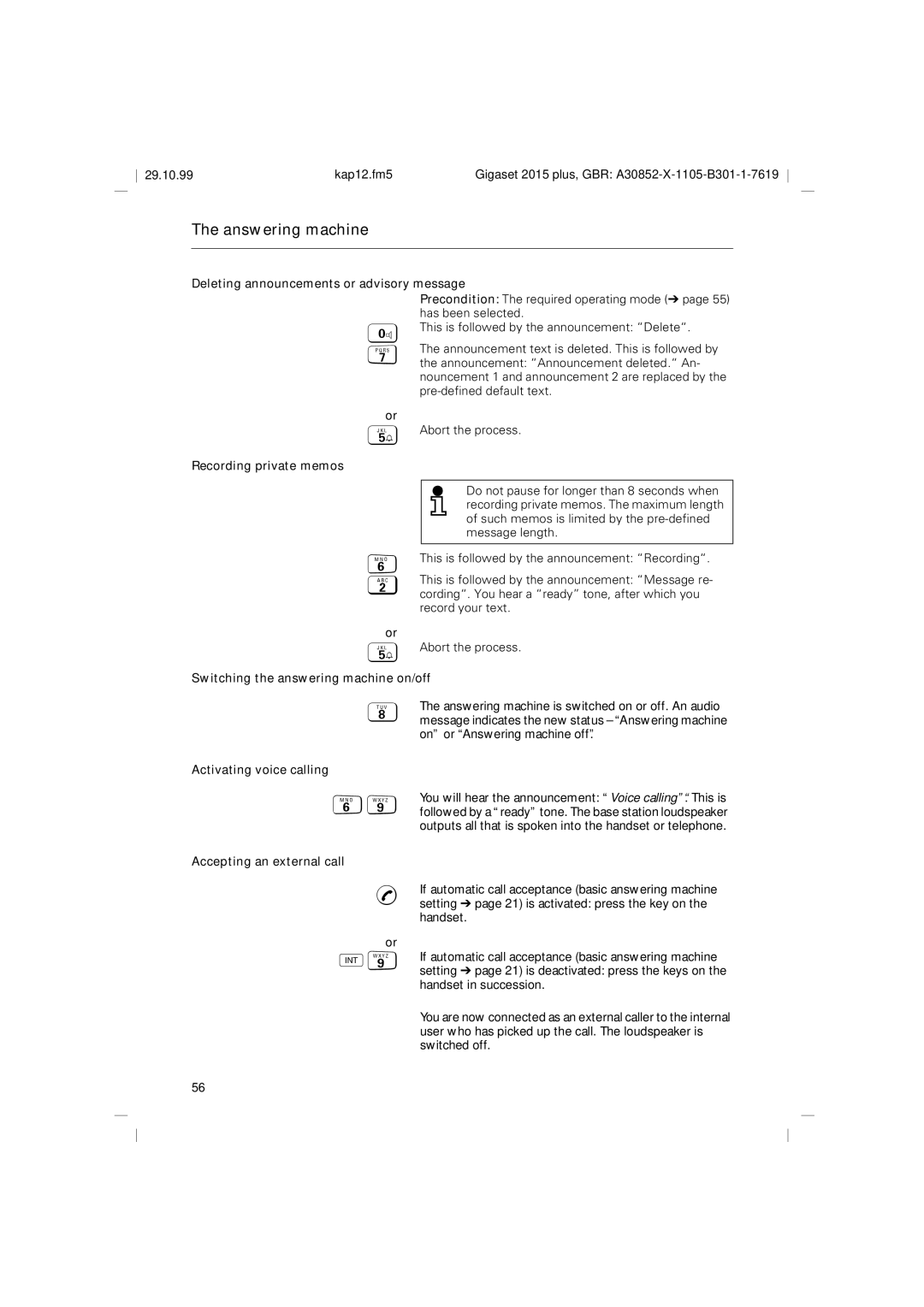 Siemens 2015 Recording private memos, Switching the answering machine on/off, Activating voice calling 