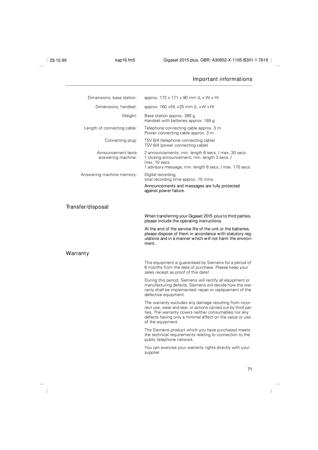 Siemens 2015 operating instructions Transfer/disposal, Warranty 