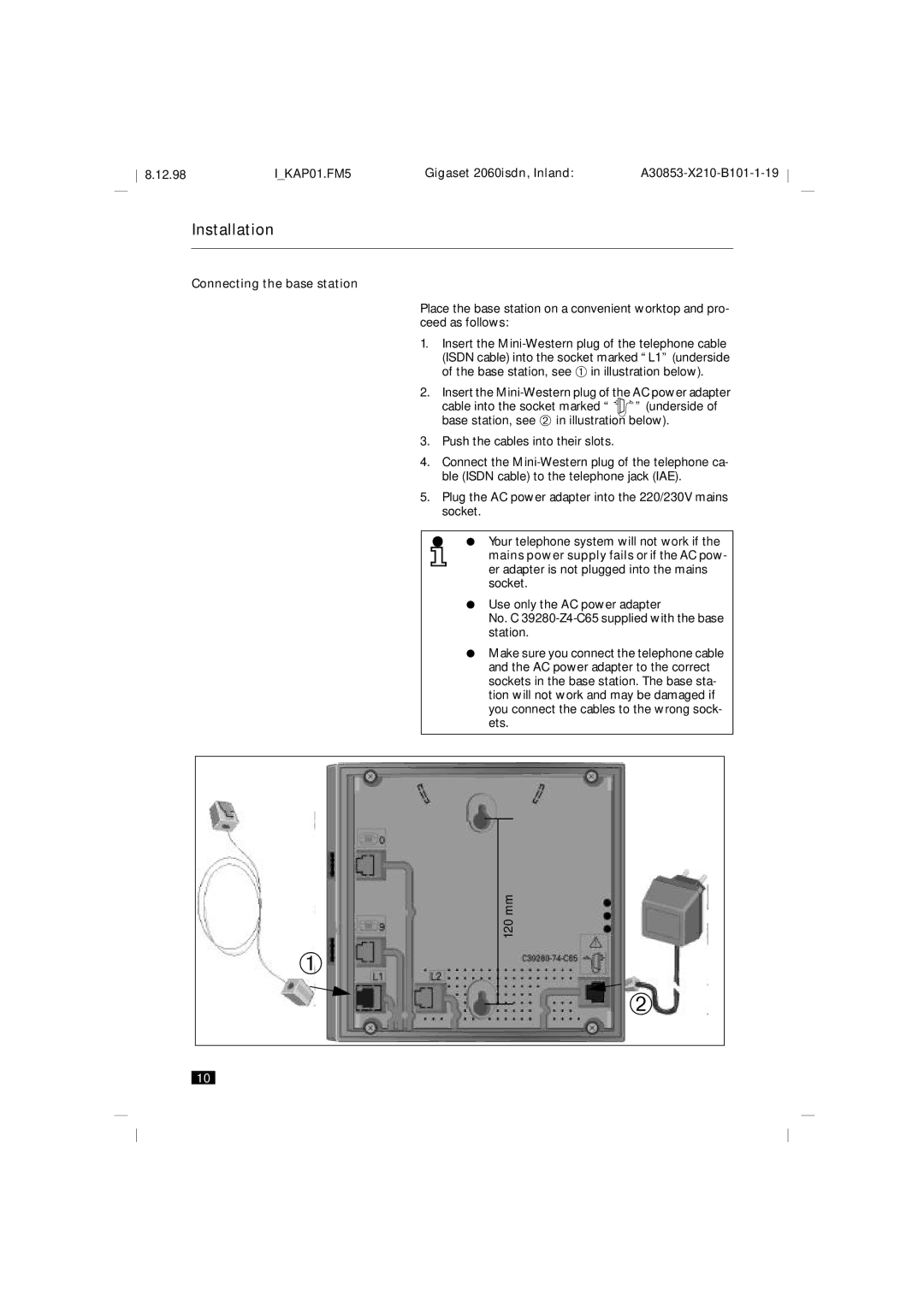 Siemens 2060isdn manual Connecting the base station 