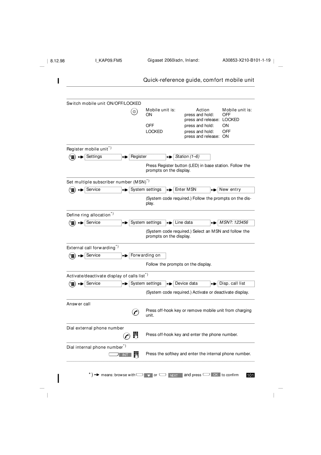 Siemens 2060isdn manual Quick-reference guide, comfort mobile unit 