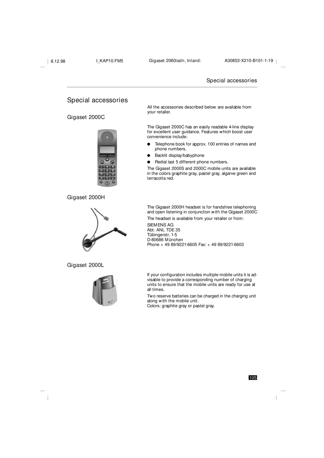 Siemens 2060isdn manual Special accessories, Gigaset 2000C, Gigaset 2000H, Gigaset 2000L 