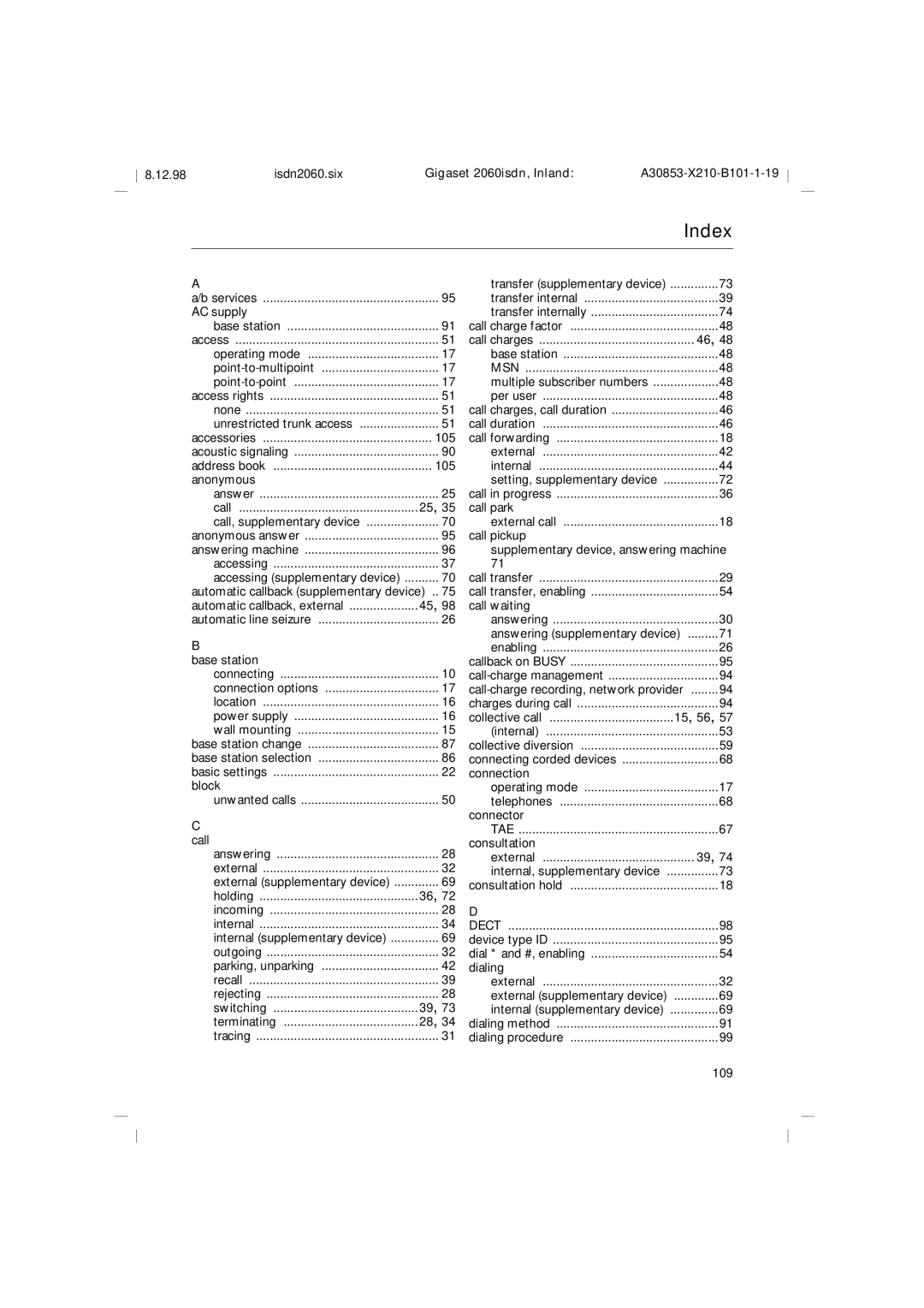 Siemens 2060isdn manual Index, 109 