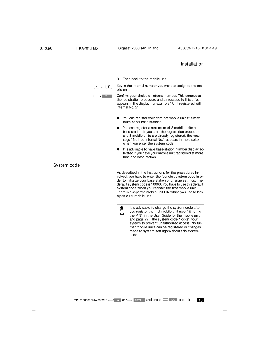 Siemens 2060isdn manual Installation System code, Press 