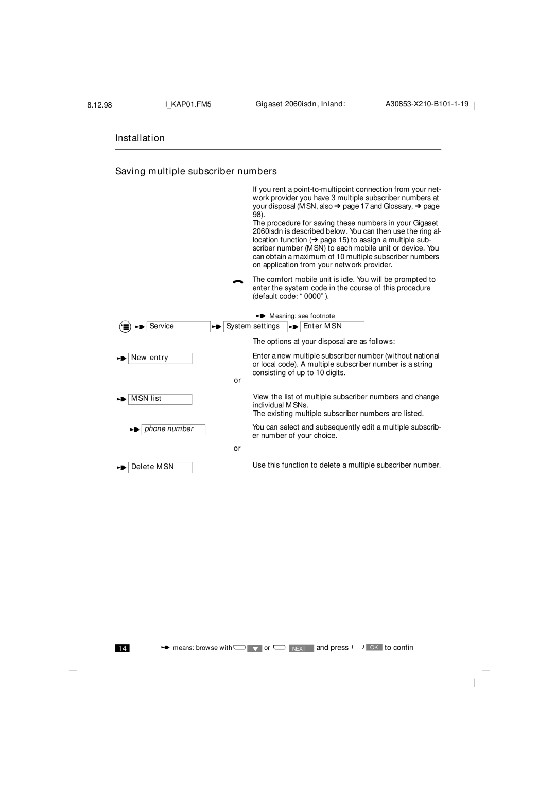 Siemens 2060isdn manual Installation Saving multiple subscriber numbers, Service, New entry MSN list, Delete MSN 