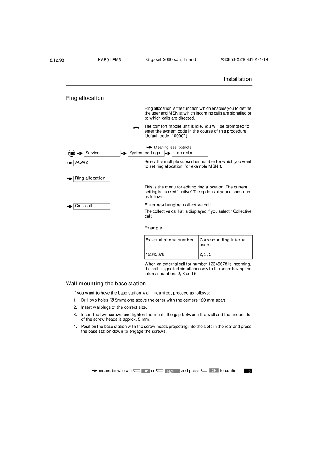 Siemens 2060isdn manual Installation Ring allocation, Wall-mounting the base station, Ring allocation Coll. call 