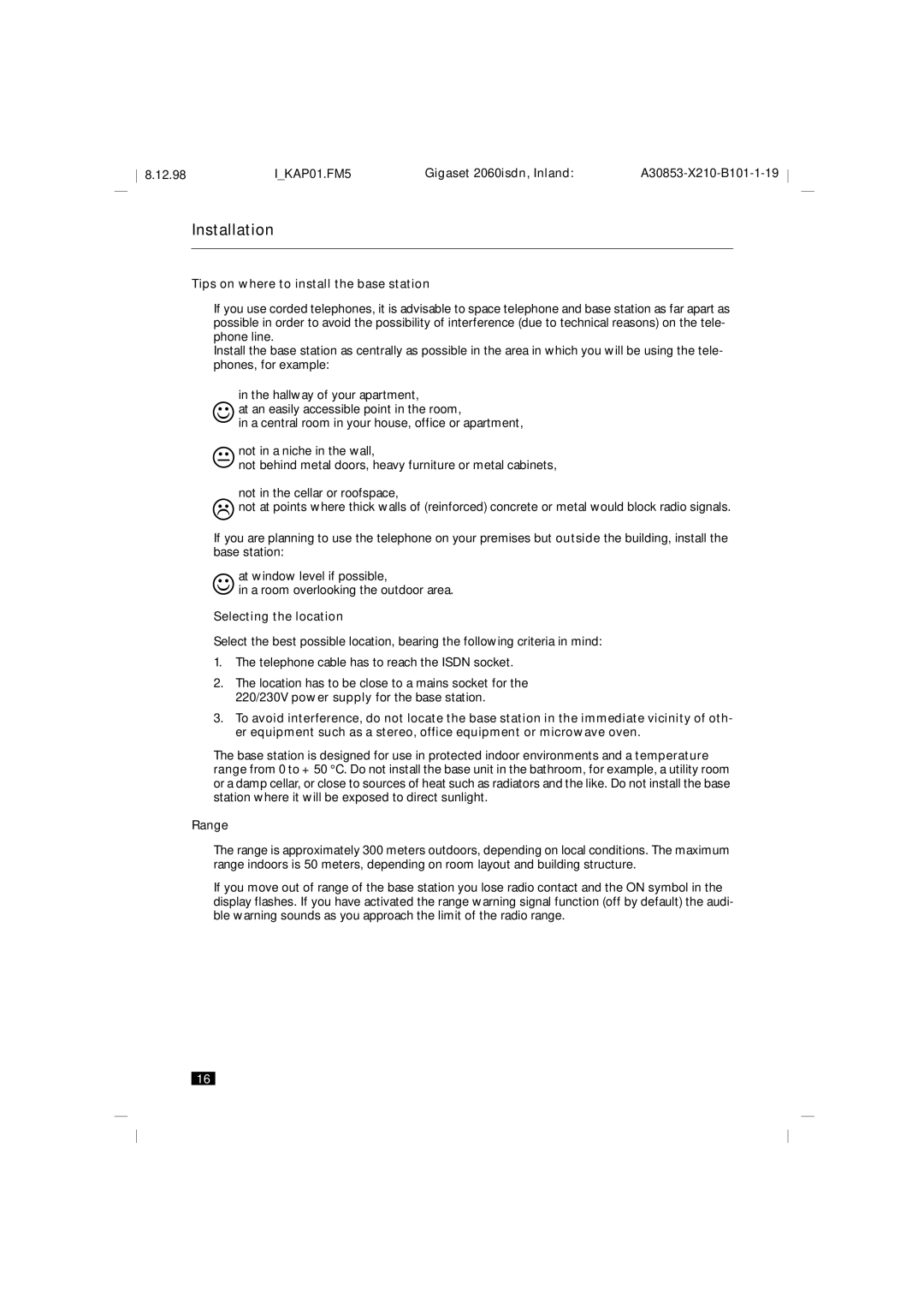 Siemens 2060isdn manual Tips on where to install the base station, Selecting the location, Range 