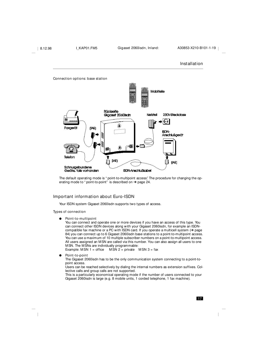 Siemens 2060isdn manual Important information about Euro-ISDN, Connection options base station, Point-to-point 