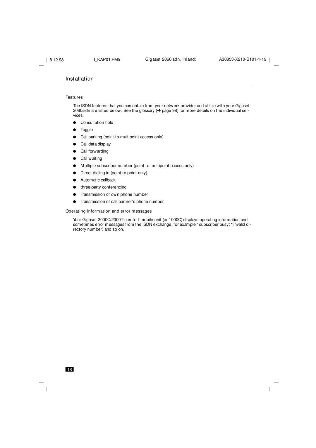 Siemens 2060isdn manual Features, Operating information and error messages 