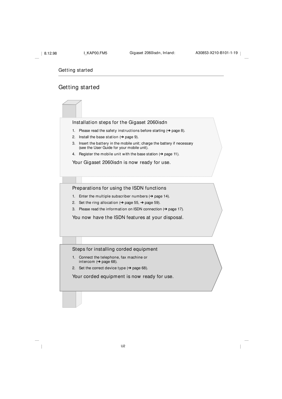 Siemens manual Getting started, Installation steps for the Gigaset 2060isdn, Your corded equipment is now ready for use 