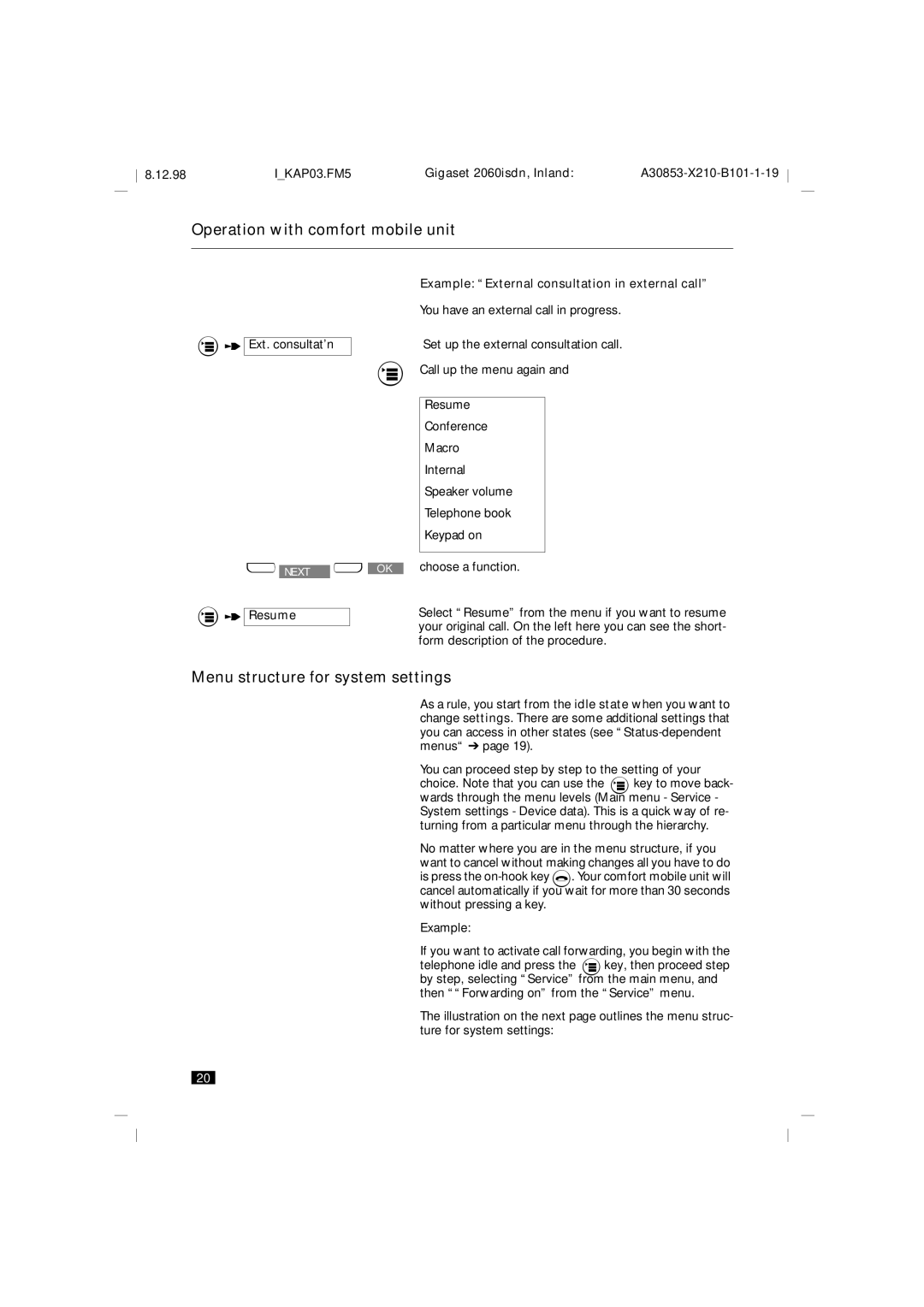 Siemens 2060isdn manual Menu structure for system settings, Ext. consultat’n 