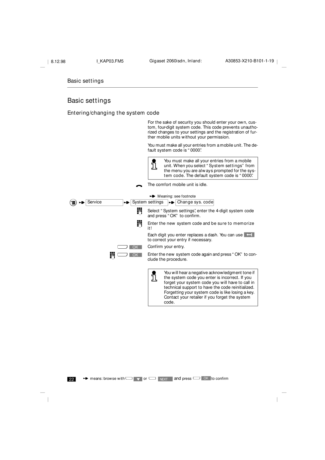 Siemens 2060isdn manual Basic settings, Entering/changing the system code, System settings t Change sys. code 