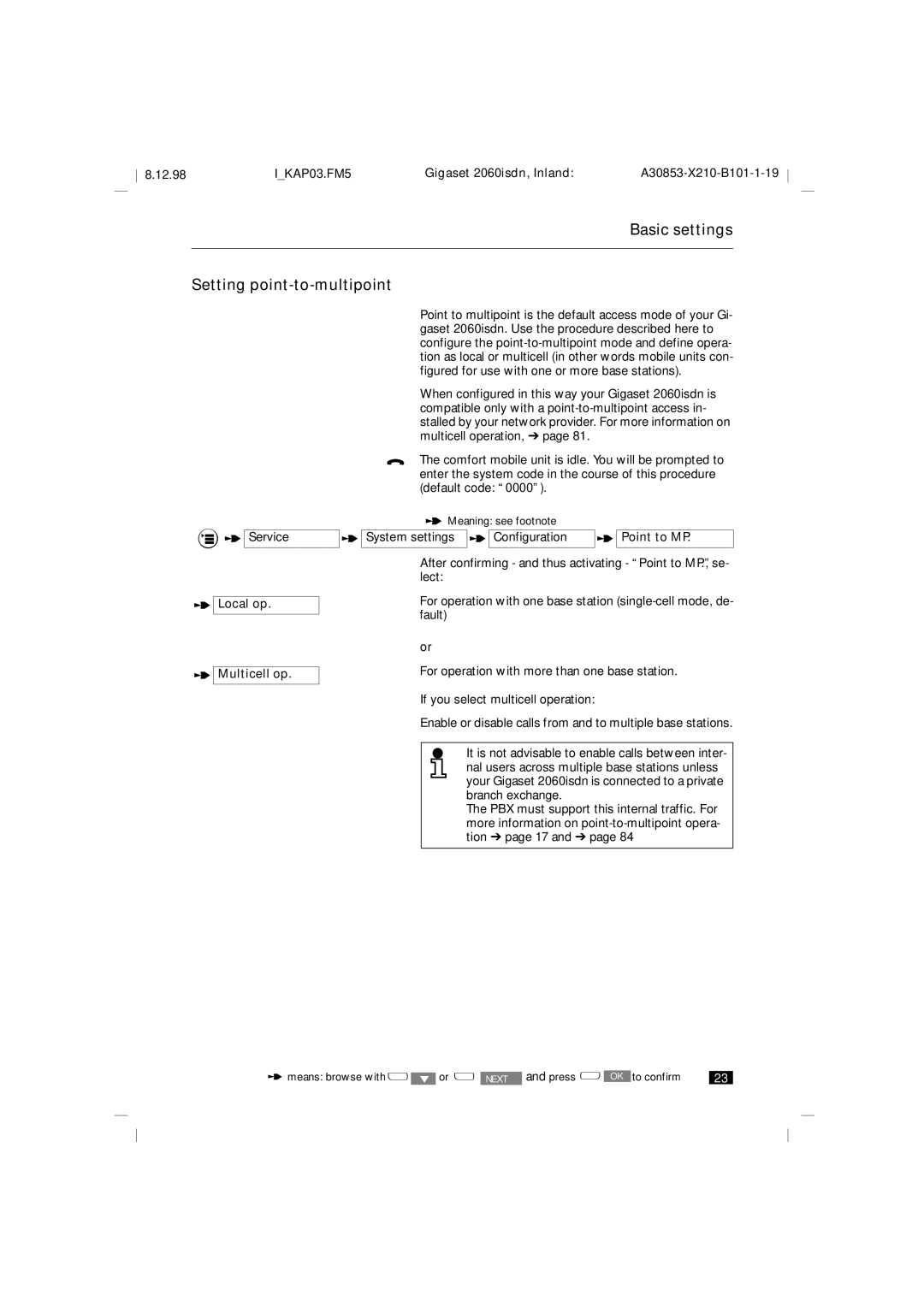 Siemens 2060isdn manual Basic settings Setting point-to-multipoint, Local op Multicell op 